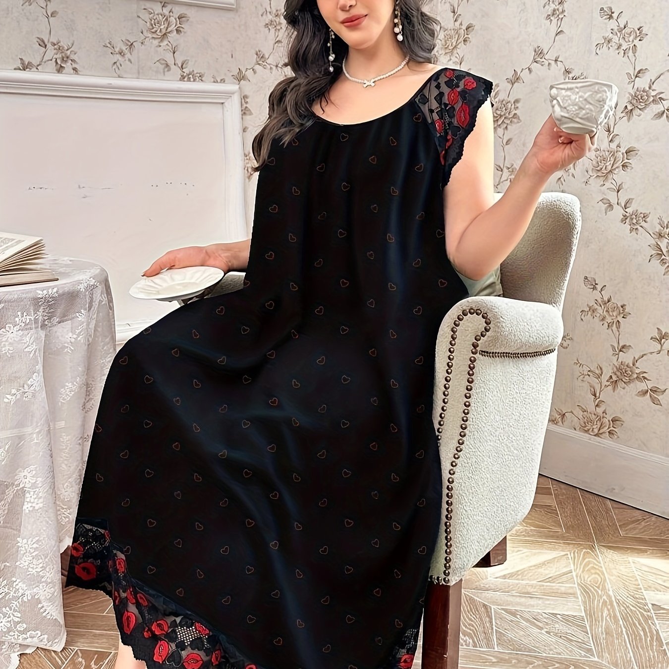 Women's Heart Print Lace Trim Nightgown Polyester Blend All Seasons