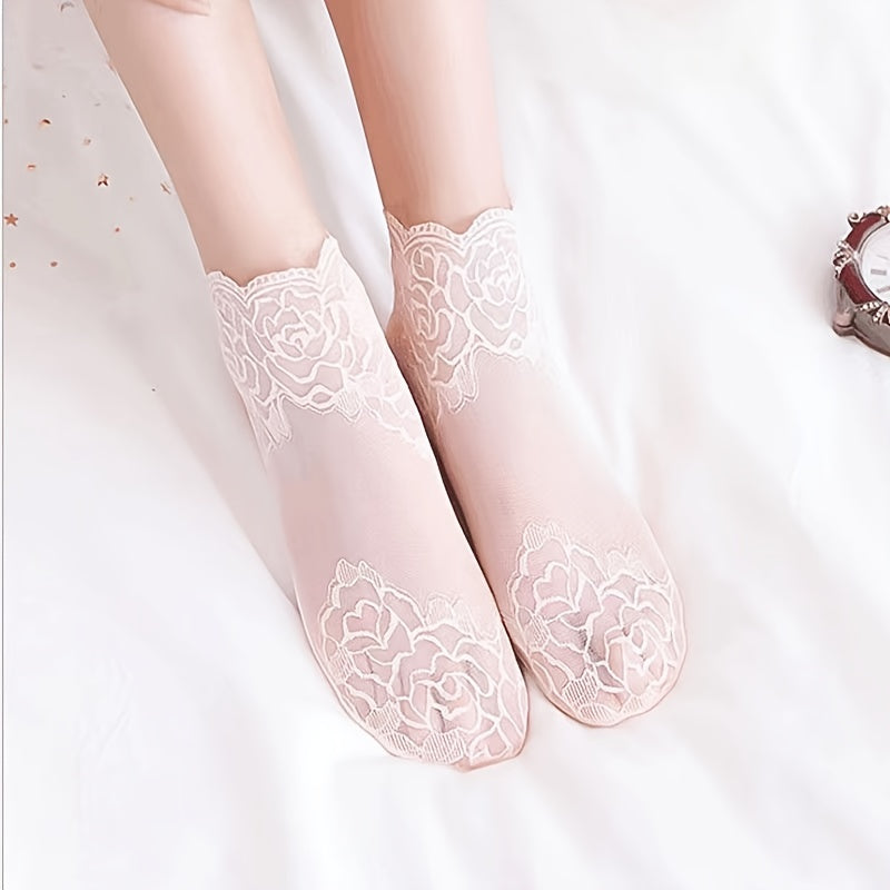 Women's Lace-Trimmed Mesh Socks Set 5 Pairs Floral Rose Summer Lightweight