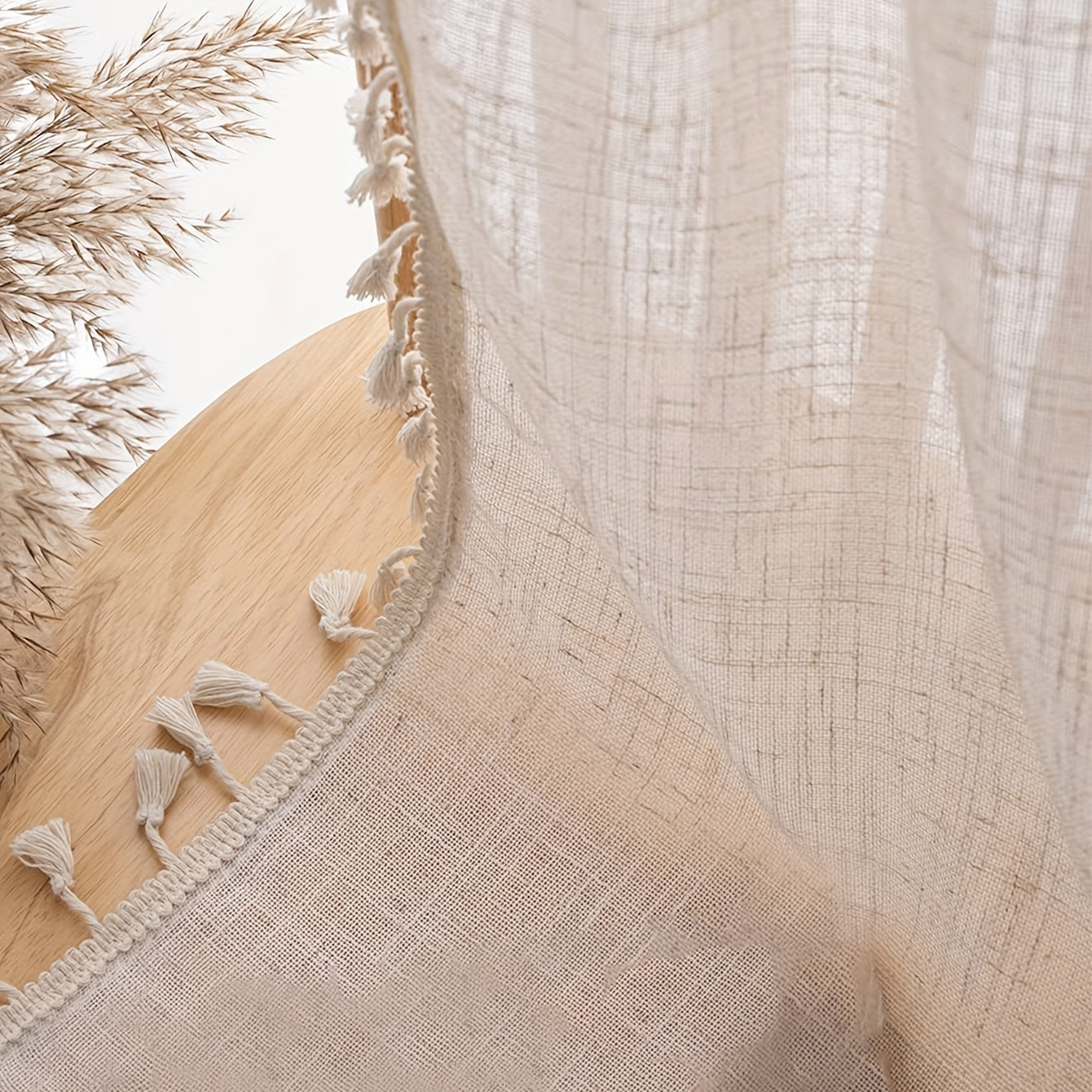 Beige Lace Linen Sheer Curtain with Tassels for Bedroom Living Room Office