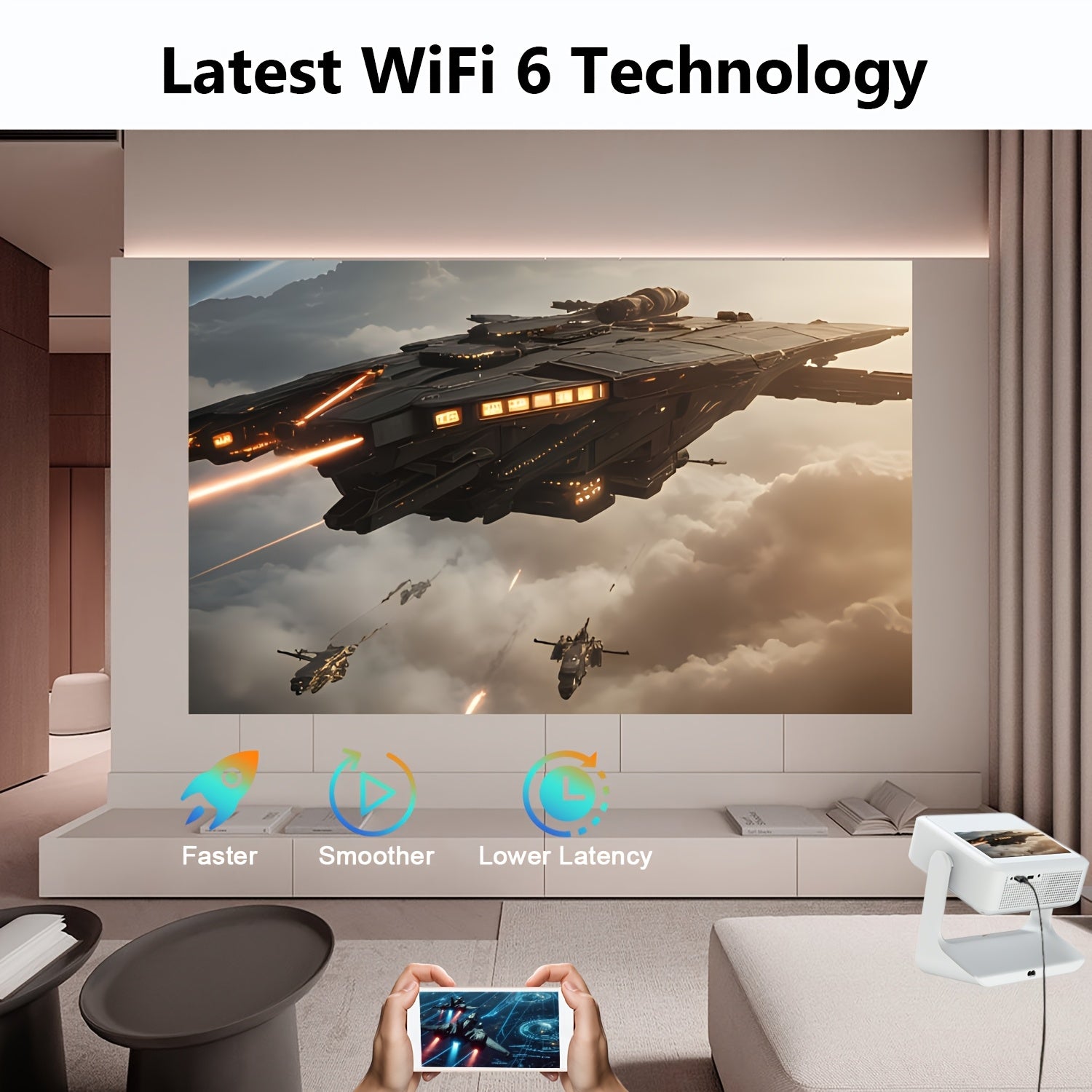 HD Video Projector 4K Support, Android 12, WiFi 6, 8-Inch Touch Screen