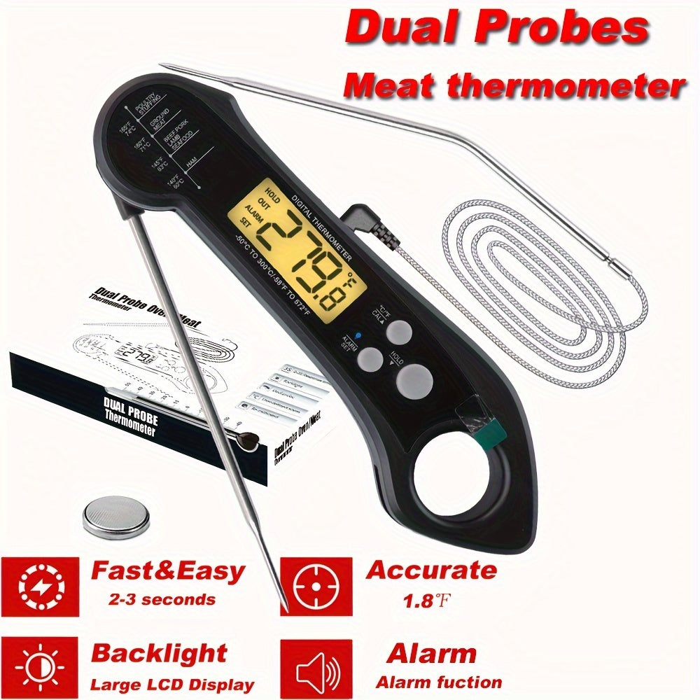 Multi-Function Kitchen Thermometer Dual Probes Backlit Display Sound Alarm