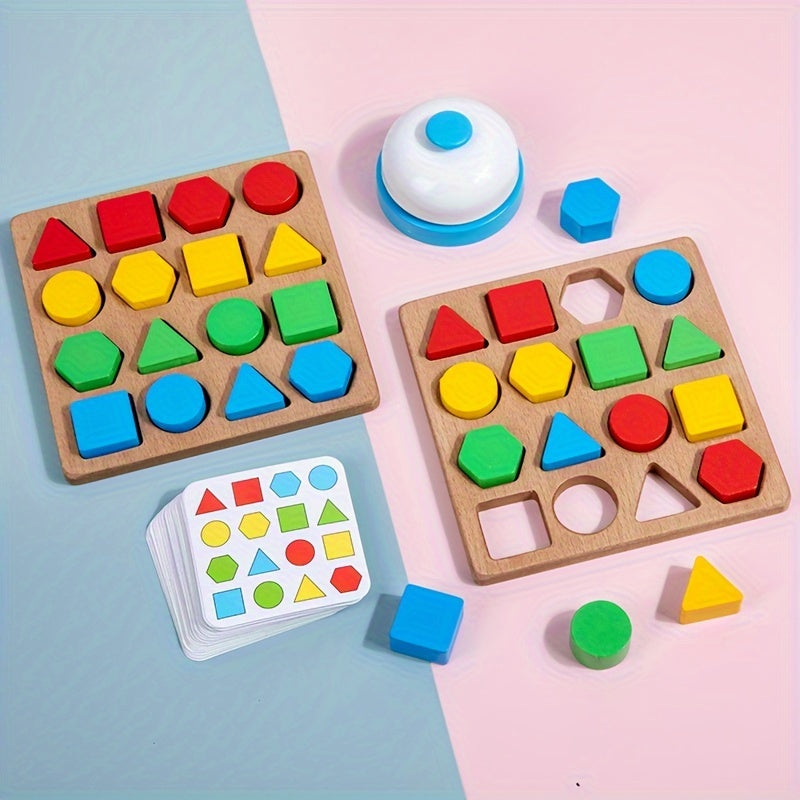 Wooden Dual-Player Battle Game for Kids with Geometric Shape Matching and Building Blocks