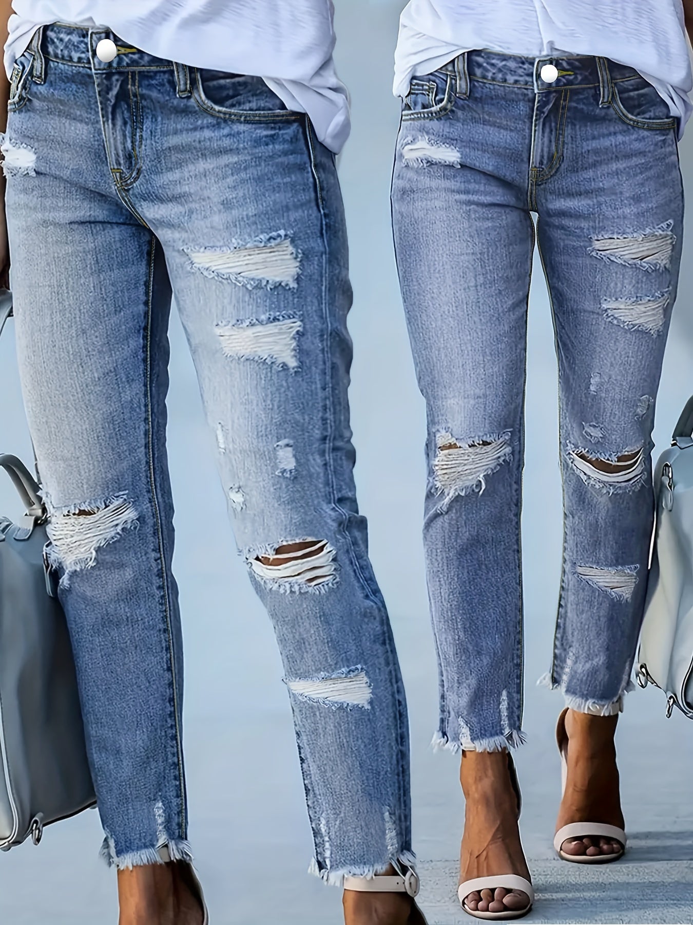 Ayollar uchun yirtilgan, toza bo'yinli denim shimlar, ko'k, kundalik kiyim