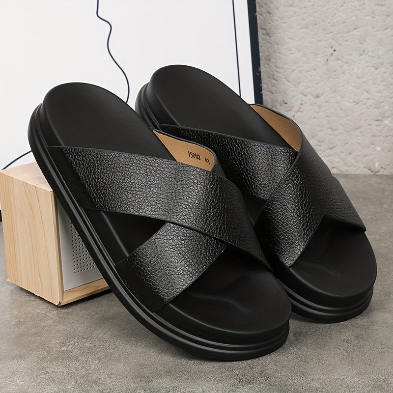 Men's Ultrafine Fiber Open-Toe Slides Black Gray Non-Slip Casual Outdoor