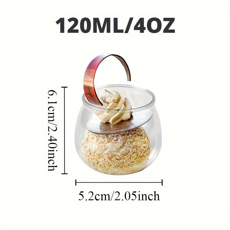 «Набор из 10 одноразовых круглых стаканчиков для десертов, 120 мл — идеально подходит для торта, йогурта, закусок, мороженого, мусса и многого другого. Изготовлены из ПЭТ-материала.