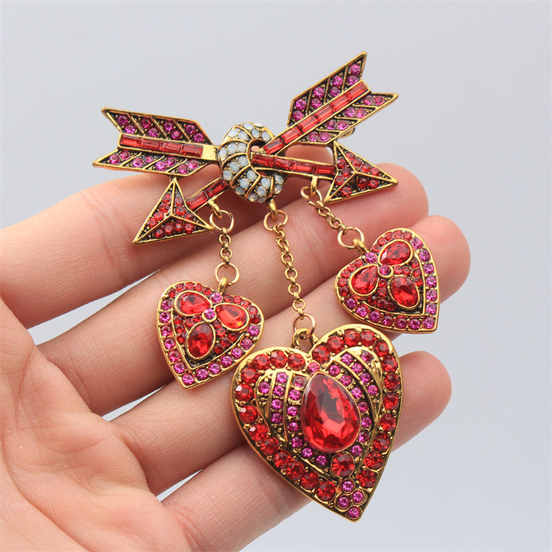Rhinestone Enamel Heart Brooch with Fringe and Love Arrow Pin for Women