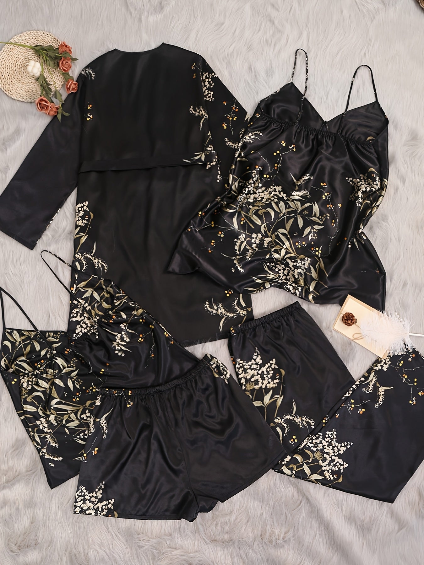 Plus-Size Women's Printed Loungewear Set with Camisole Dress Shorts Pants and Robe for Fall Winter