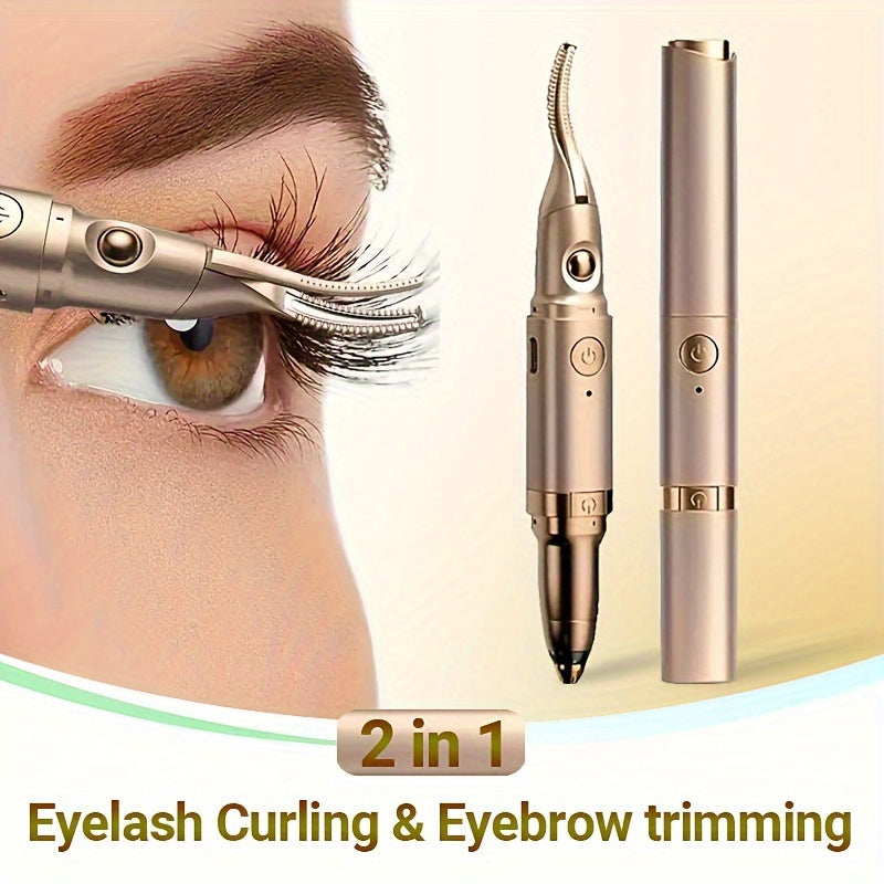 USB Rechargeable 2-in-1 Eyelash Curler and Brow Trimmer with Heating Function for Women