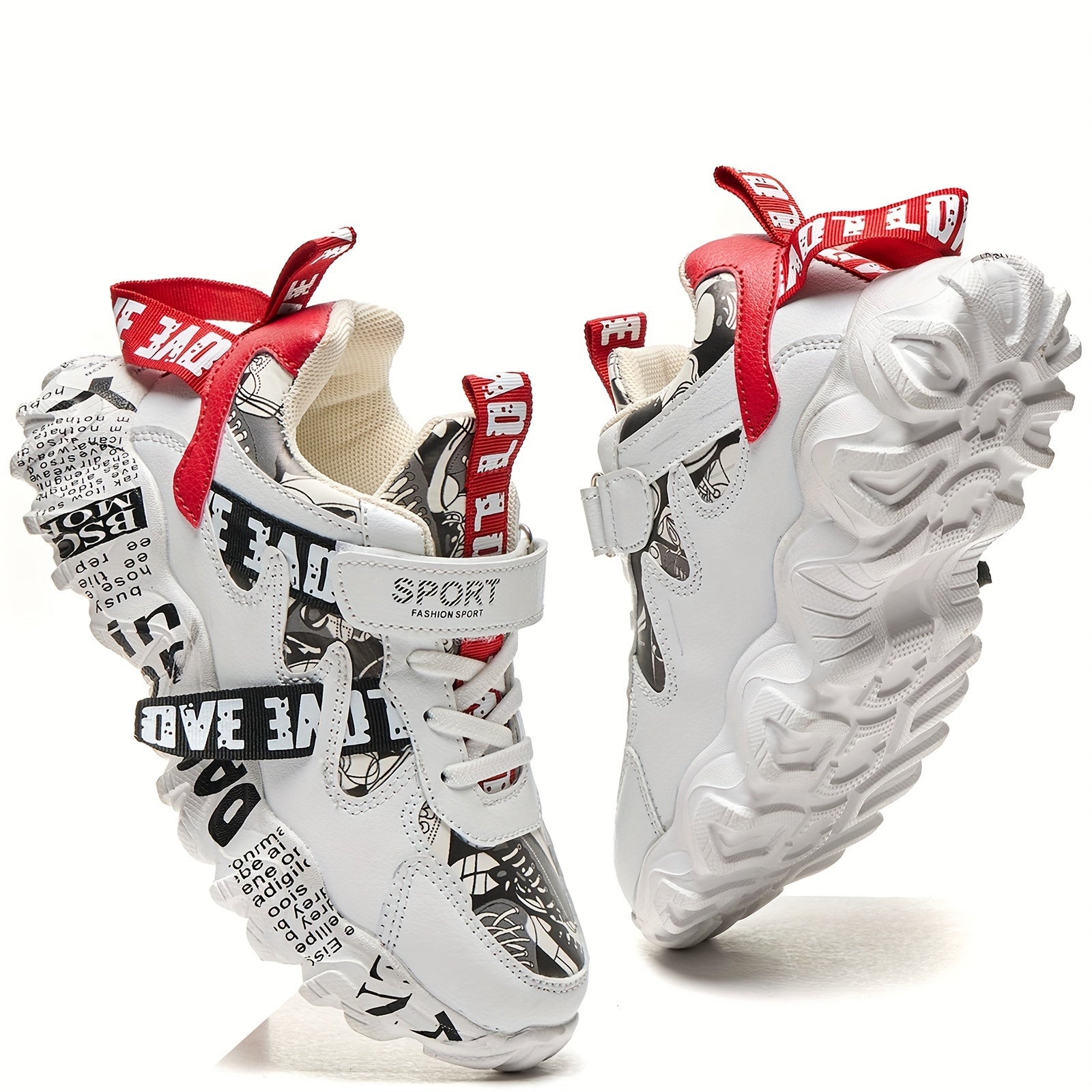 WZRUISEN Yoshlar uchun Atletik Krossovkalar - Oq va Qizil Multfilm Dizayni, Pastki Qismdagi Tasodifiy Poyabzal, Qulflanish uchun Qulflovchi, Har Mavsumda Quvnoq, Chiroyli Poyabzal