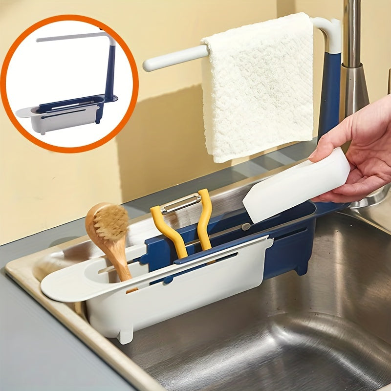 Organizador de fregadero de cocina de plástico con cesta de drenaje ajustable y soporte para paños