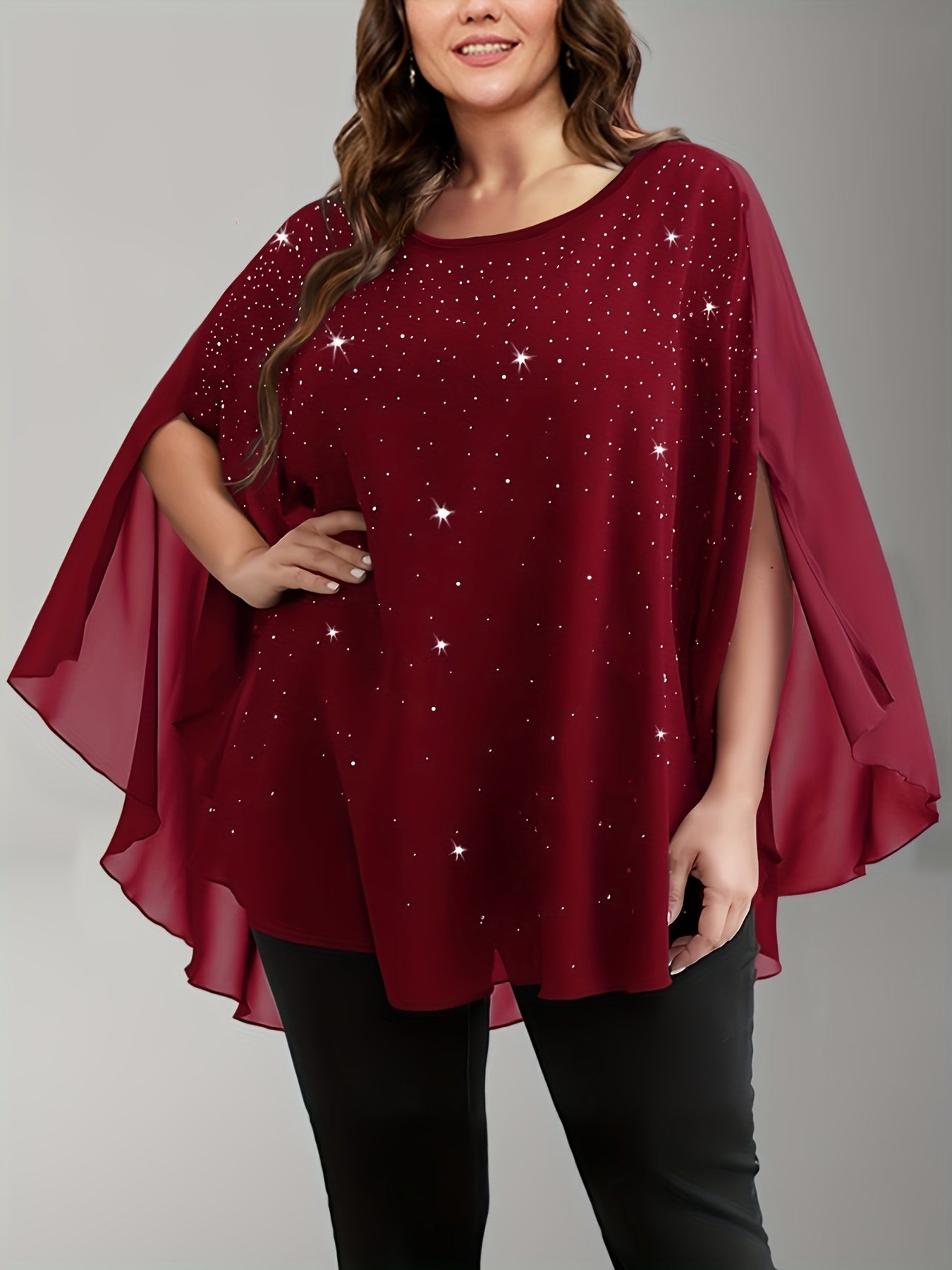 Plus Size Chiffon Blouse with Sequins and Ruffle Sleeves for Women