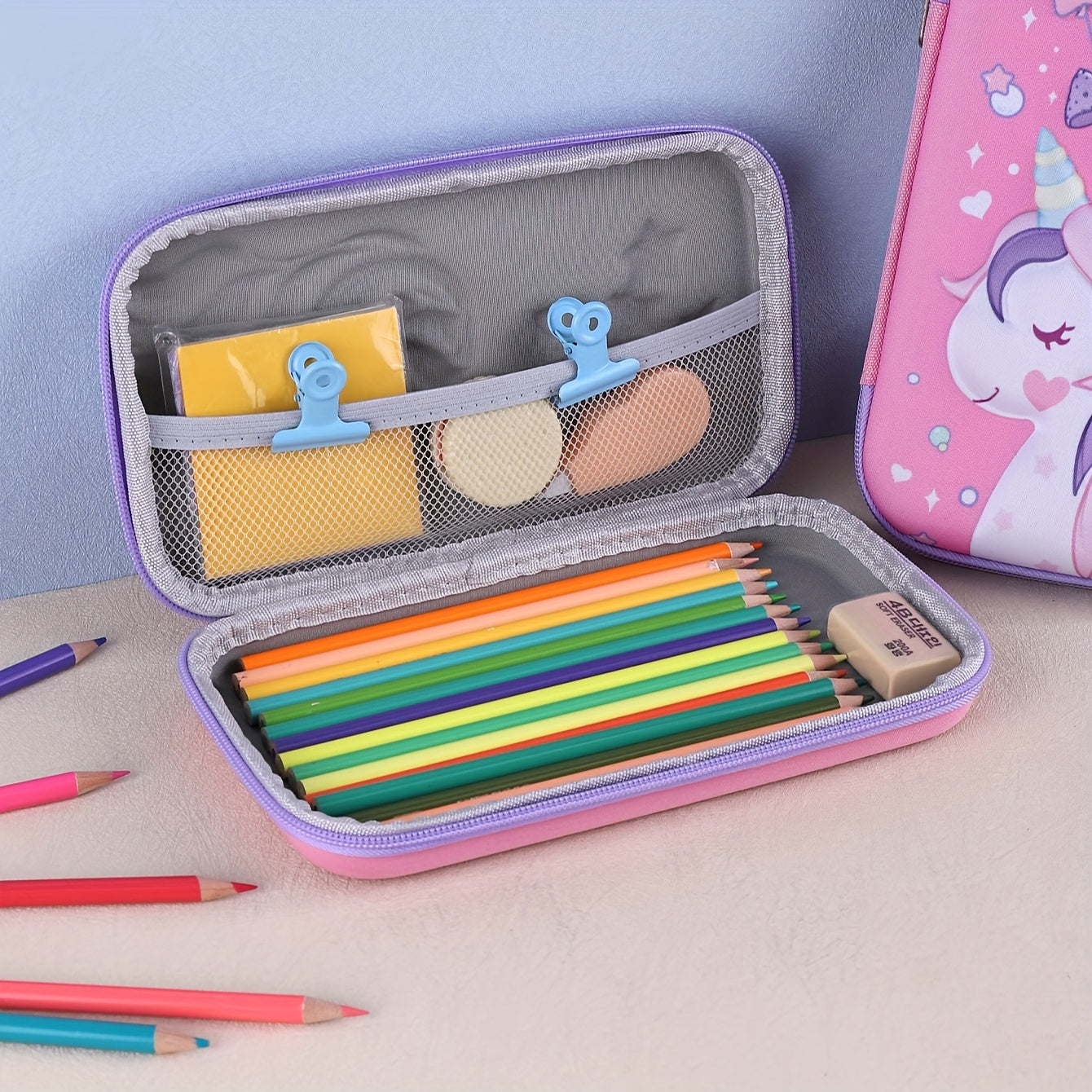 Large Capacity Unicorn Pencil Case with 3D Balloon Design Pink Purple Double Layer Stationery Organizer