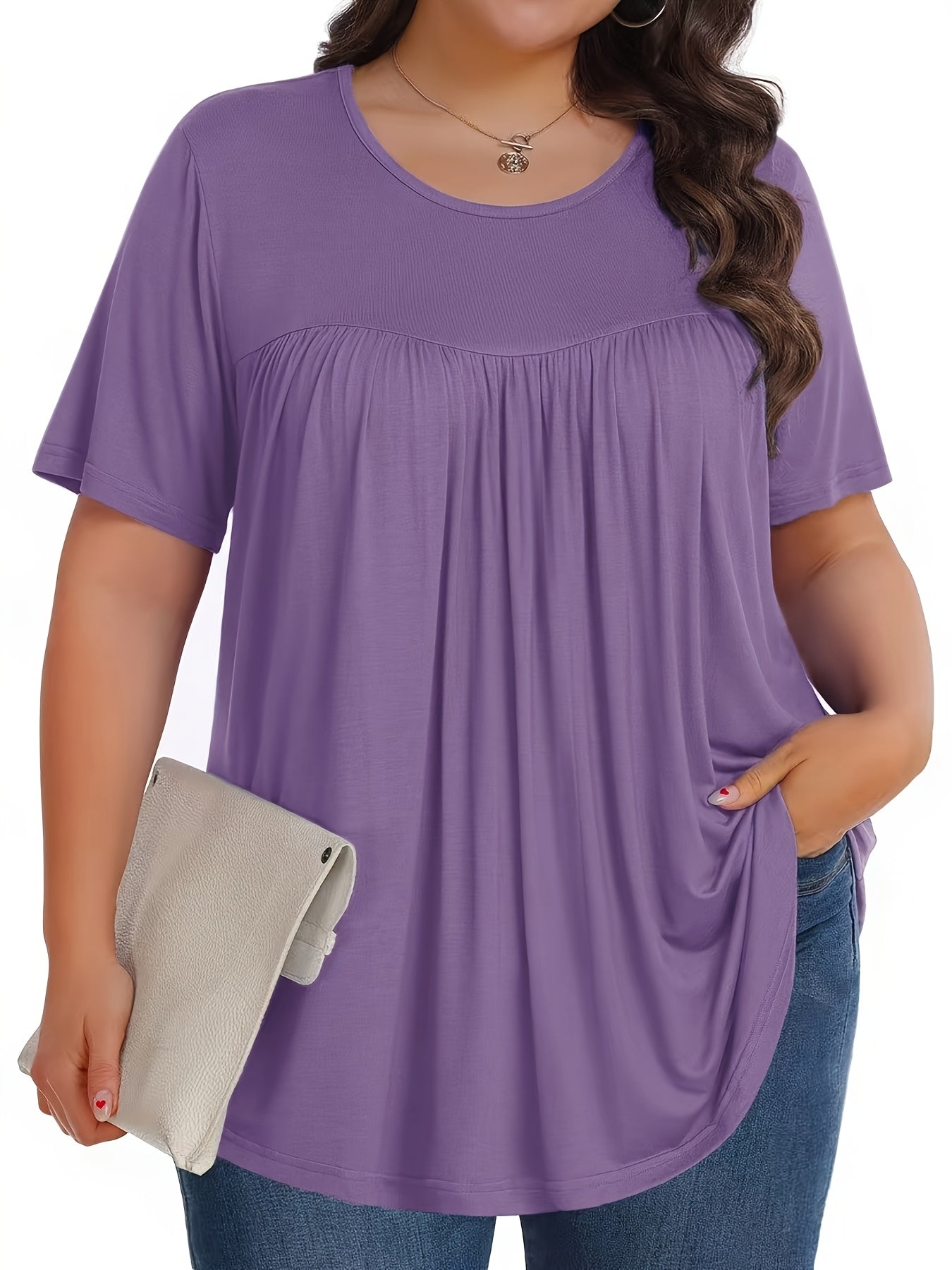 Women's Summer Short Sleeve T-Shirt Solid Lavender Loose Fit Round Neck