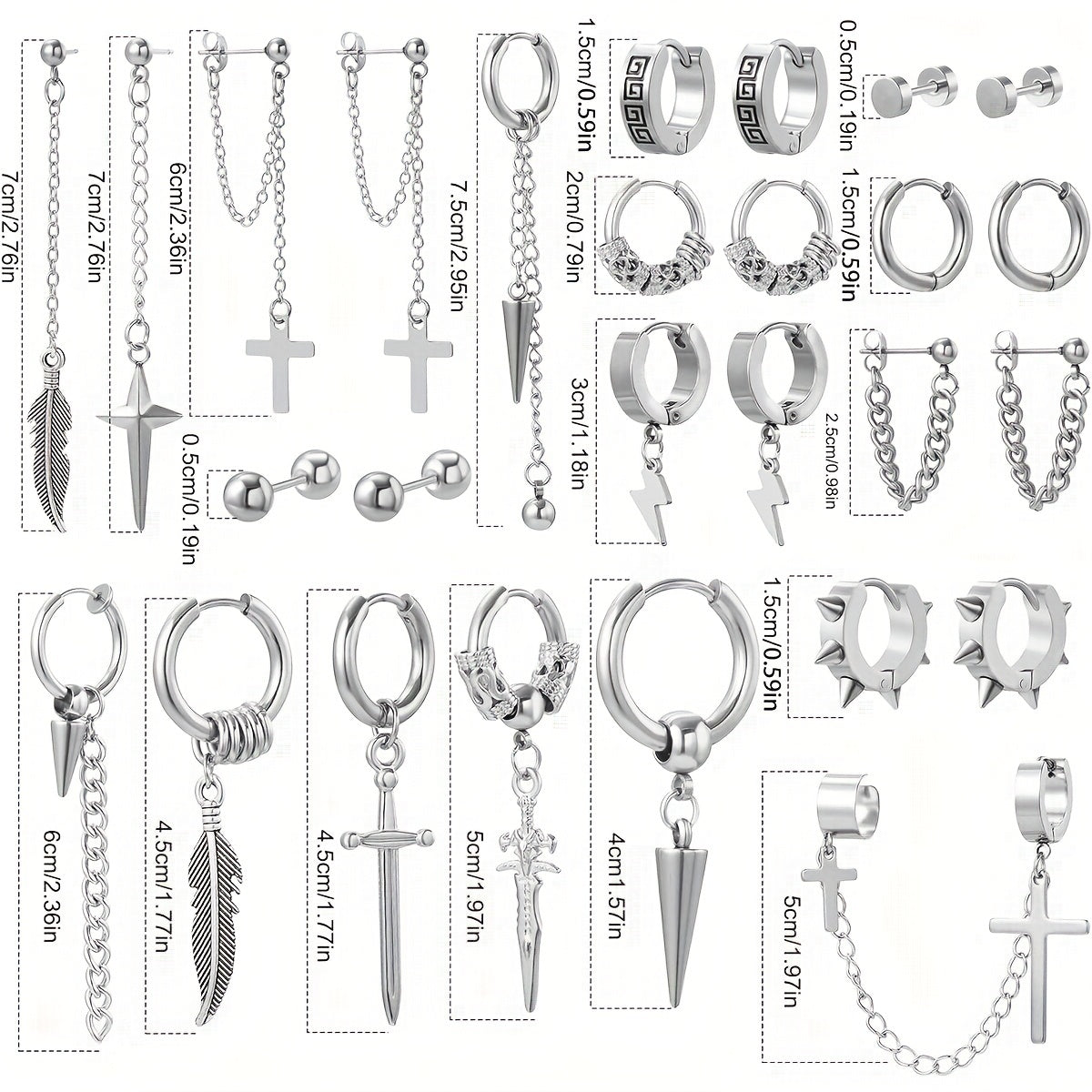 Set of 27 Stainless Steel Earrings for Men and Women Cross Feather Pendants Hoop Stud Jewelry