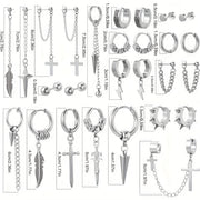 Set of 27 Stainless Steel Earrings for Men and Women Cross Feather Pendants Hoop Stud Jewelry