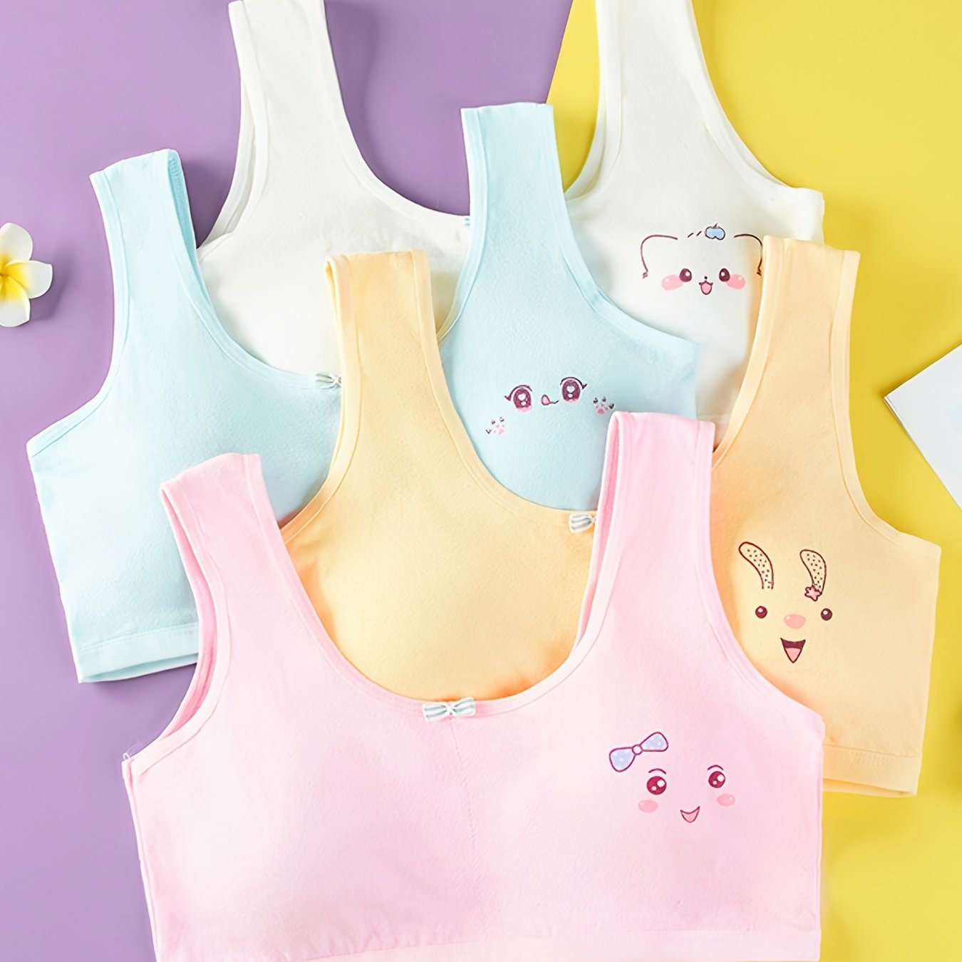 Girls Cotton Bras Pack of 4 Solid Color Cotton Bras for Girls Aged 7-13 with Animal Illustrations Stretchy and Machine Washable