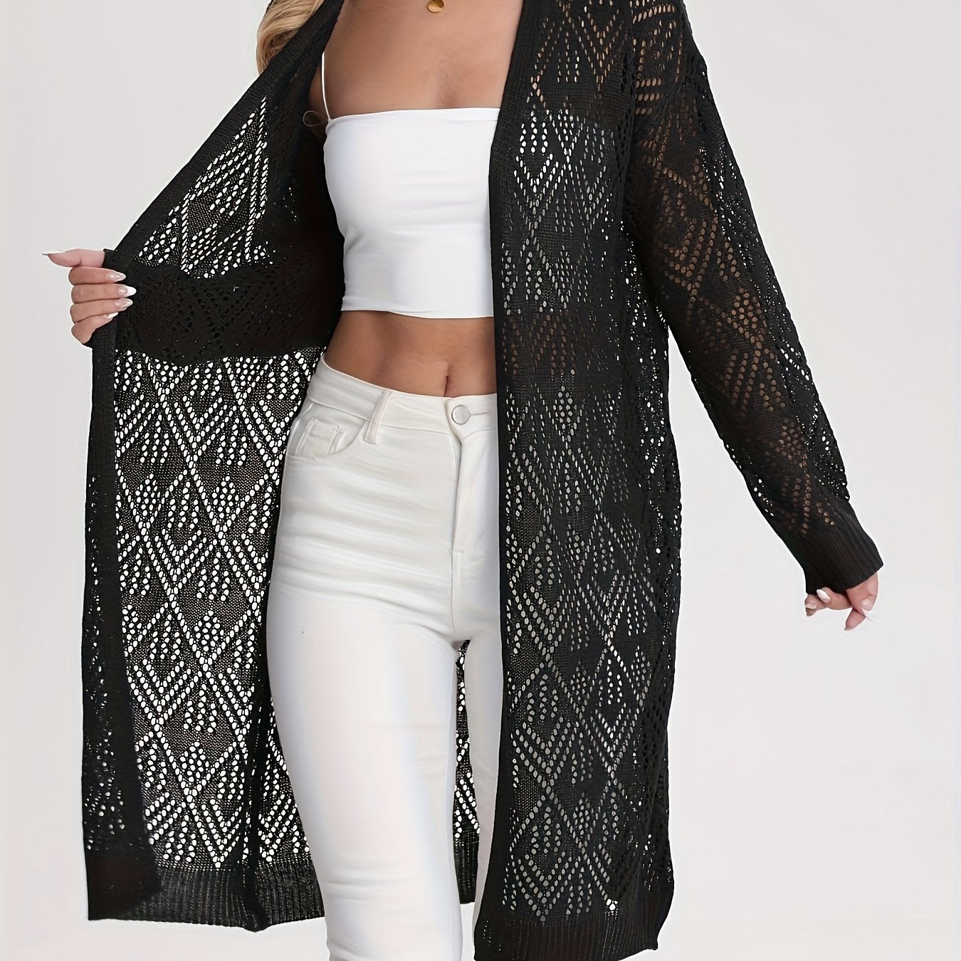 Plus-Size Women's Lace Cardigan Open Front Beach Cover-Up Lightweight Spring Summer Black