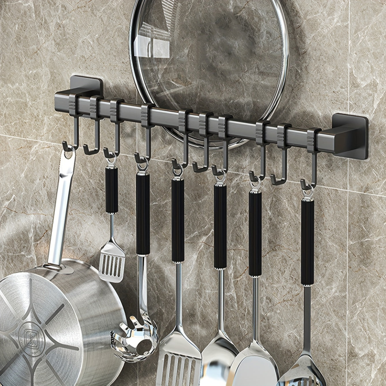 Contemporary Wall-Mounted Kitchen Utensil Holder with Movable Hooks and Organizer Shelf
