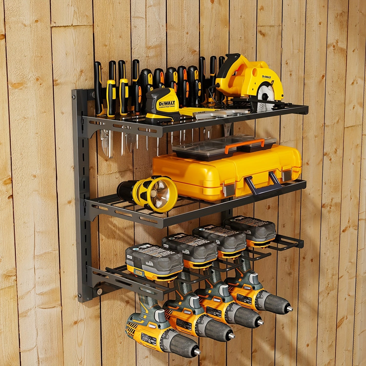 Power Tool Organizer Wall Mount with 3 Layers for Drill Storage Garage Metal Black