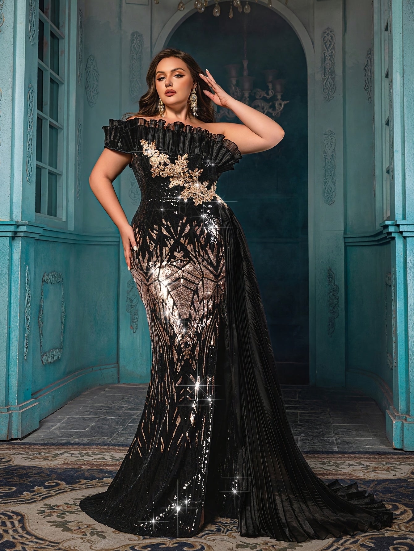 Plus Size Off-the-Shoulder Sequin Mermaid Evening Gown Black Floor-Length Dress