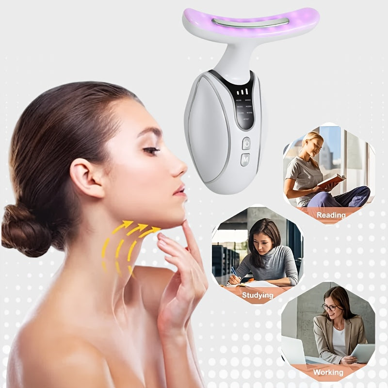 Oq qayta zaryadlanadigan yuz va bo'yin massajeri, bir nechta rejimlar, USB zaryadlash, litiy batareya va uyda foydalanish uchun ergonomik dizayn bilan. Yumshoq yostiqli sirt va bo'yin massaji kamarini o'z ichiga oladi.