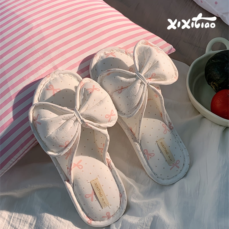 Women's Soft Sole Slip-On Slippers Black White Polka Dot Bow All-Season