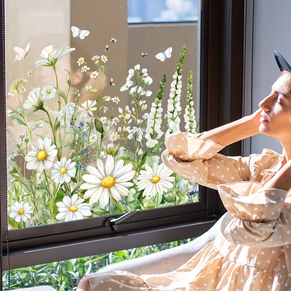 White Daisy Glass Window Cling Non-Adhesive Static Decal for Home Office Decor