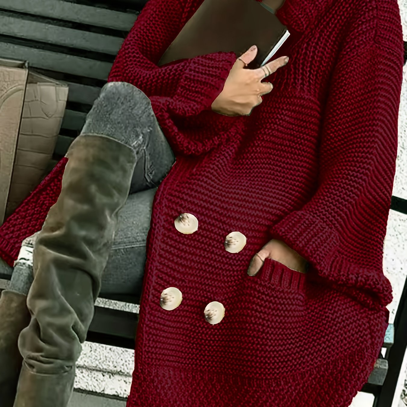 Plus Size Women's Red Long Sleeve Cardigan Cozy Winter Sweater with Pockets