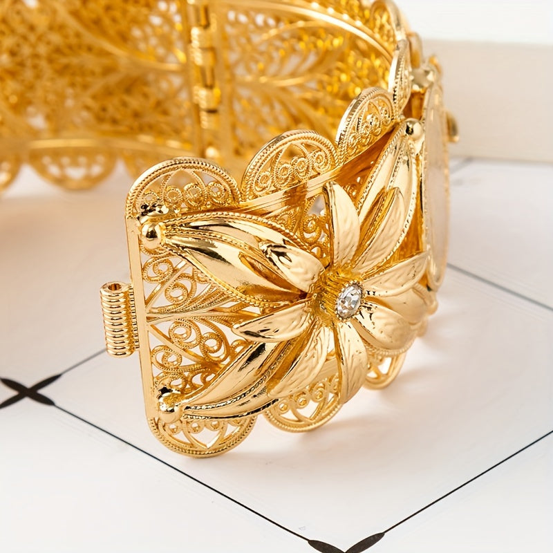Gold-Plated Bridal Bangle with Floral and Coin Design for Women Wedding Party