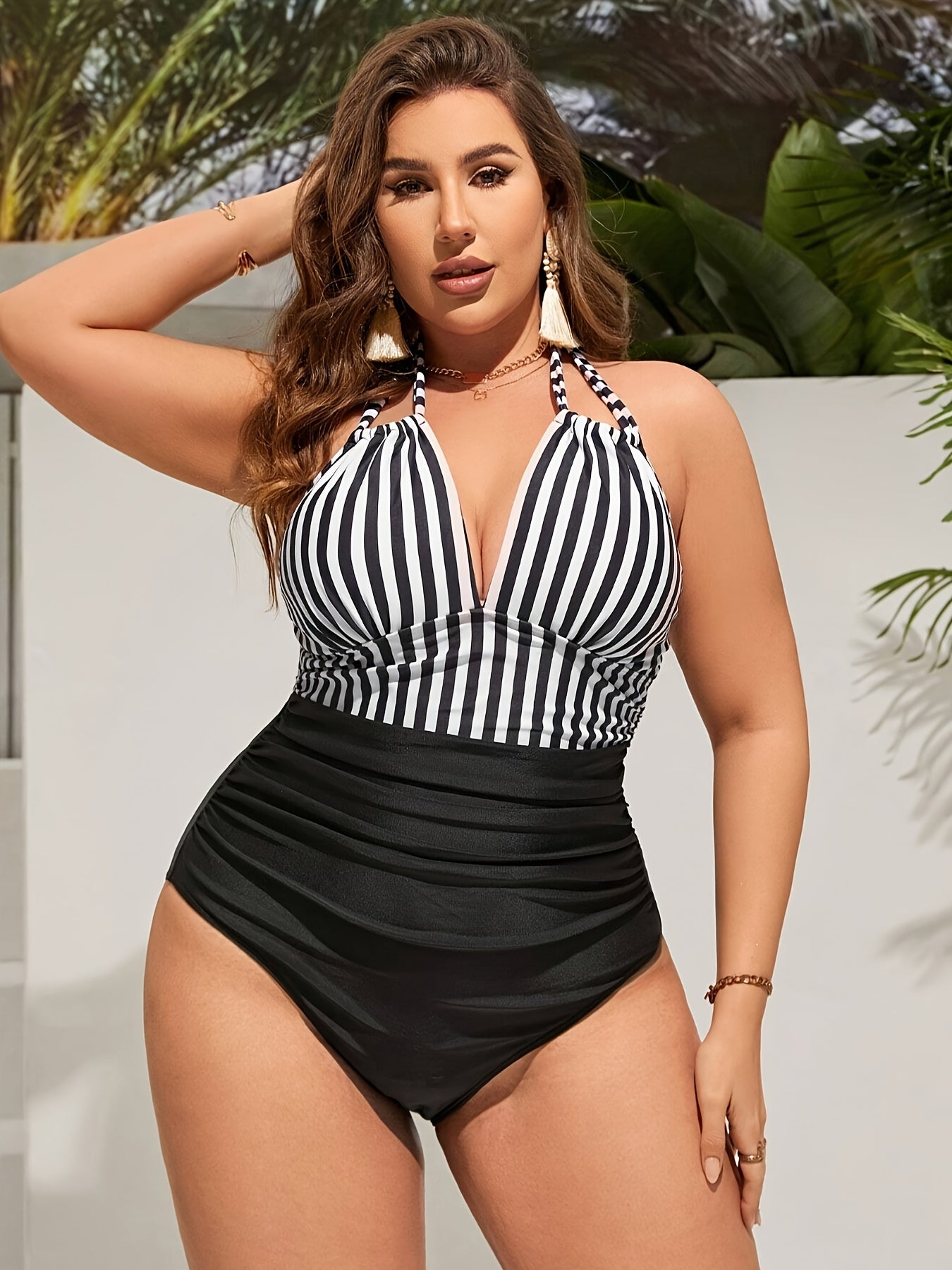 Plus Size Striped Halter Neck One-Piece Swimsuit Medium Stretch Beachwear