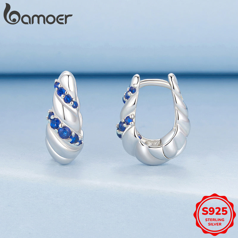 Sterling Silver Hoop Earrings Blue Twisted Design Synthetic Zirconia for Party or Daily Wear