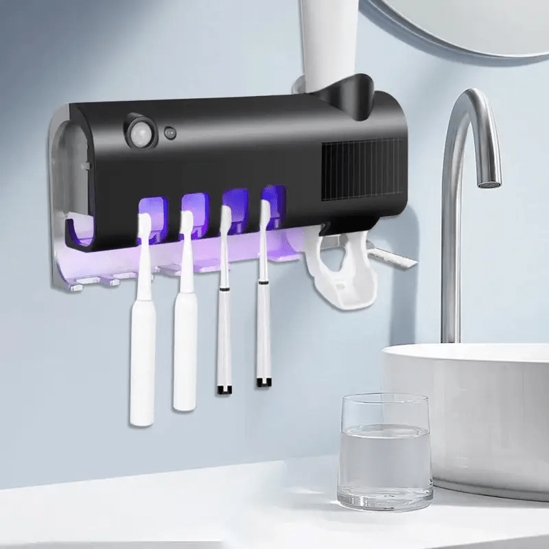 UV Toothbrush Holder with Toothpaste Dispenser and 3-in-1 Storage Wall Mount USB Rechargeable Bathroom Organizer
