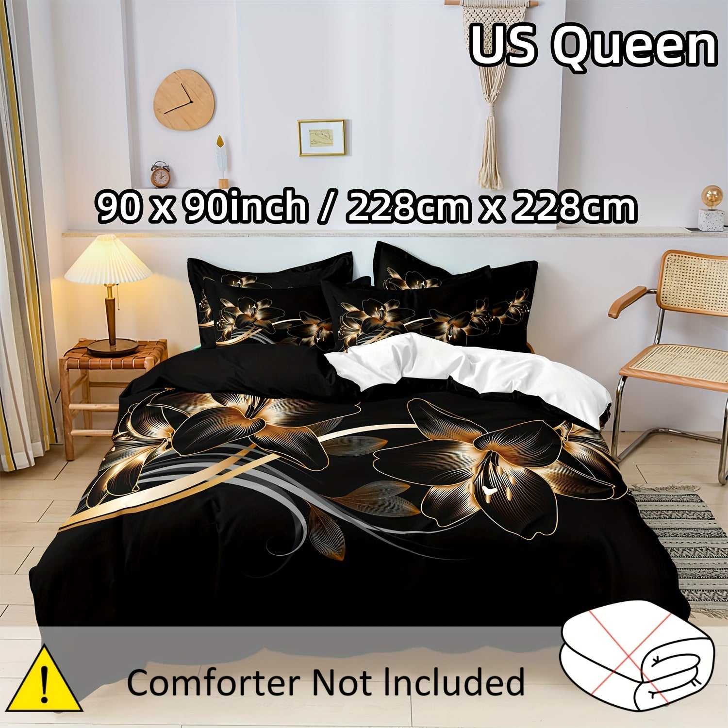 Black and Gold Floral Duvet Cover Set 100% Polyester with Zipper Closure and Pillowcases