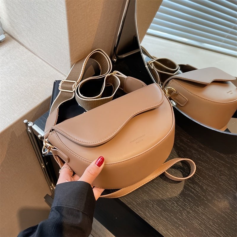 Solid Color Saddle Bag Crossbody Shoulder Bag PU Retro Style Black Khaki Coffee
