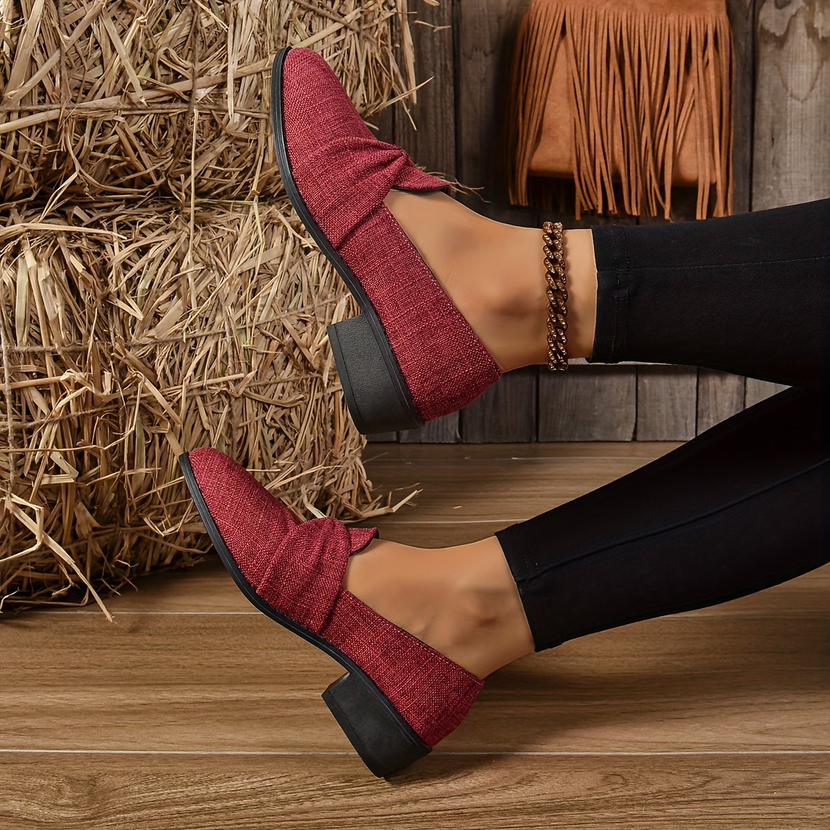 Women's Breathable Fabric Flats with Square Heel for Work and Casual Use