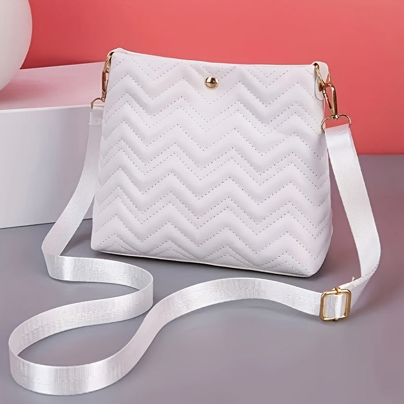 Women's Quilted Crossbody Bag with Chevron Pattern Pearl Pendant and Gold Accents in Multiple Colors