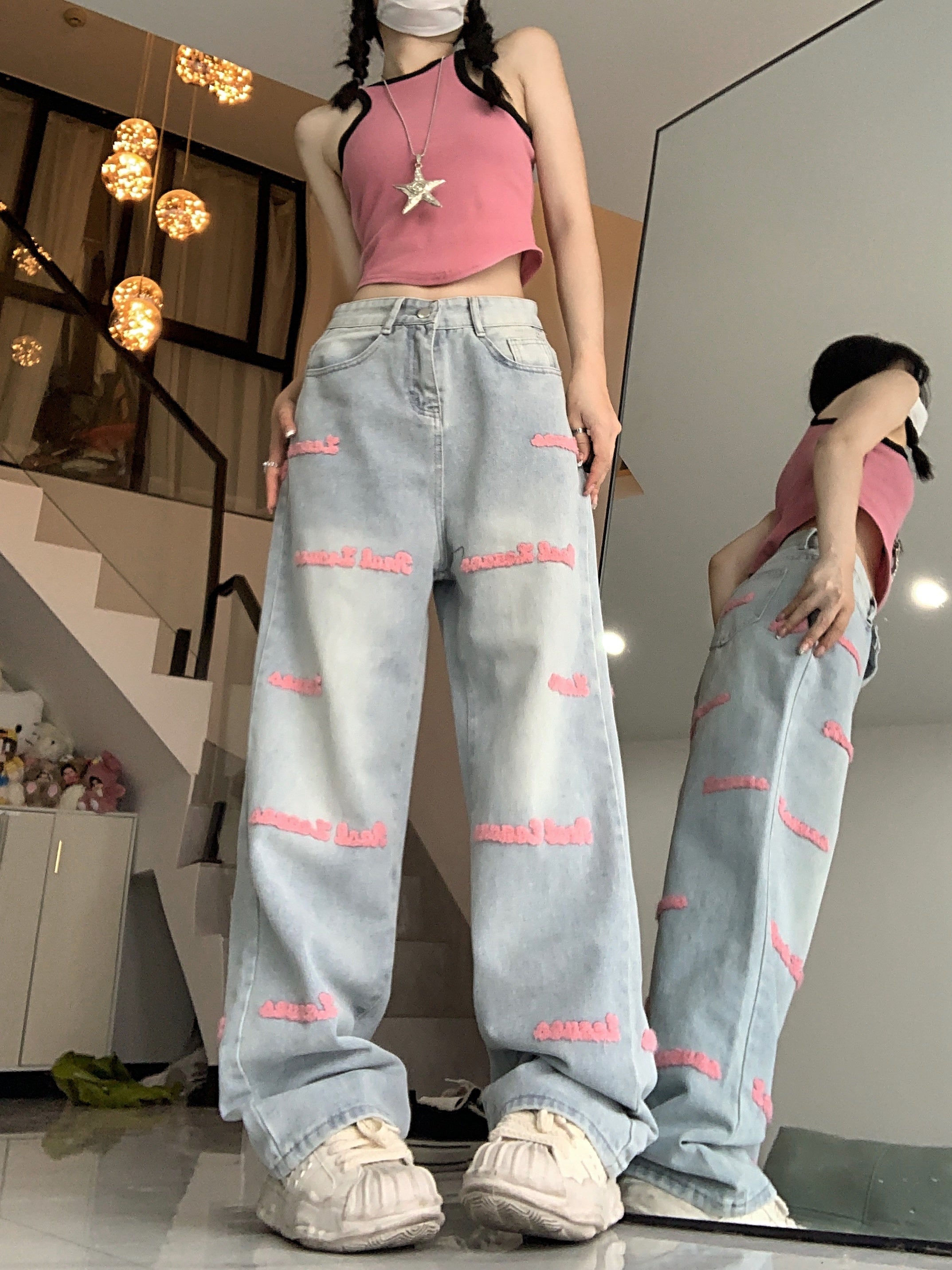 High-Waisted Embroidered Denim Jeans with Straight Leg and Button Fly Closure