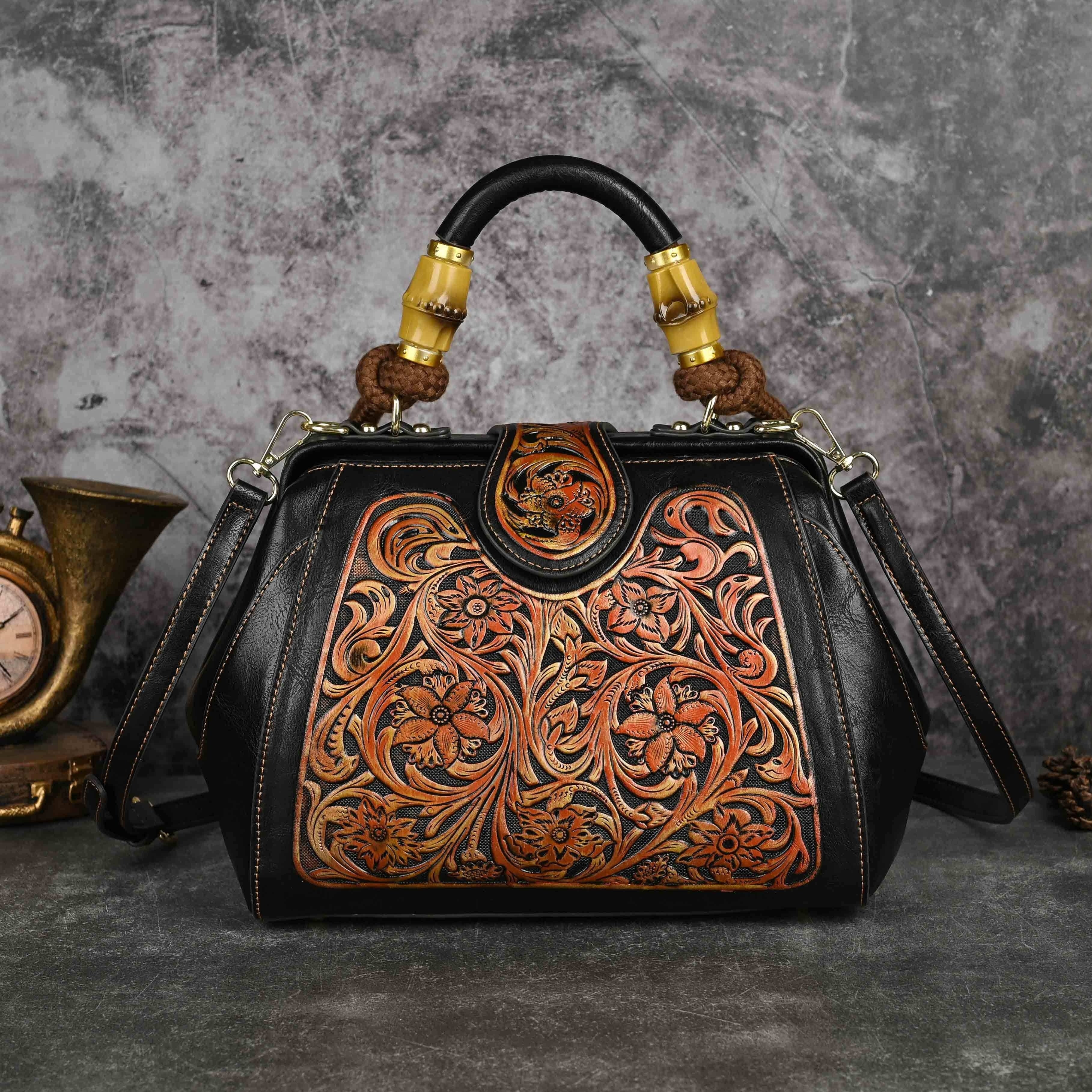 Dark Brown Argyle Handbag for Women with Stain-Resistant PU Removable Strap Buckle Closure Edge Paint Detail