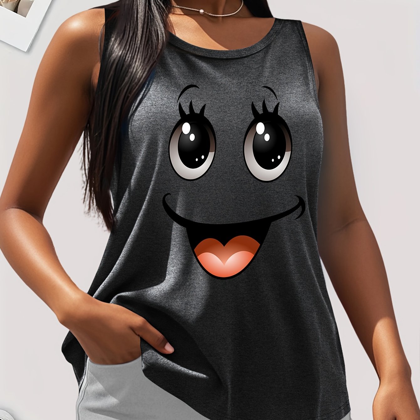 Plus Size Women's Cotton Tank Top With Smile Face Print Sleeveless Casual Summer Fashion