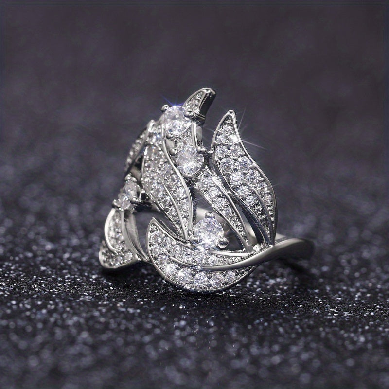 Women's Silver Plated Micro Pave Zirconia Flower Leaf Ring Jewelry