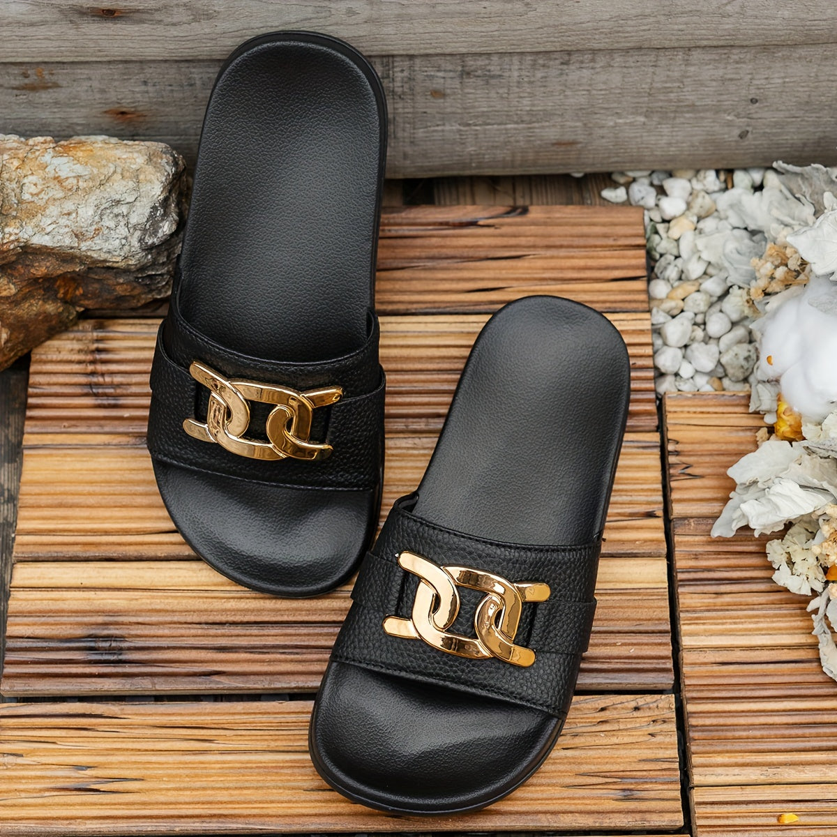 Women Summer Fashion Gold Buckle Slip-On Sandals for Beach and Casual Use
