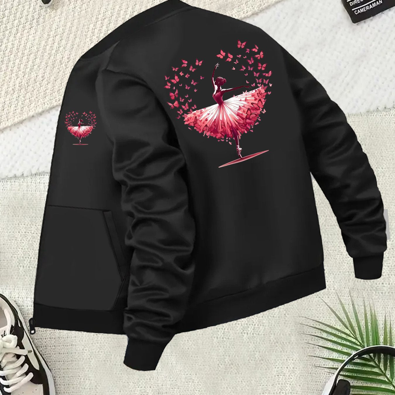 Women's Plus Size Casual Bomber Jacket with Floral and Pink Design Black All-Season