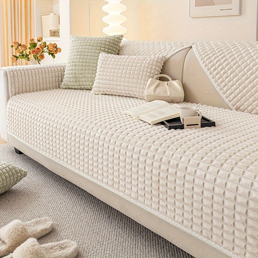 Plaid plush divan qoplamasi, sirpanmas dizayn bilan, hayvonlar uchun va barcha mavsumlar uchun mukammal. Turli xil mebellar uchun mos keladi.