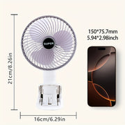 Portable clip-on fan 800mAh battery USB rechargeable 3 speeds quiet ventilation