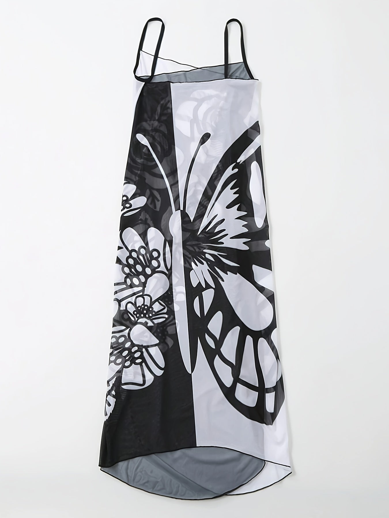 Boho Floral Mesh Cover-Up Dress with Cross Detail and Butterfly Hijab Shawl