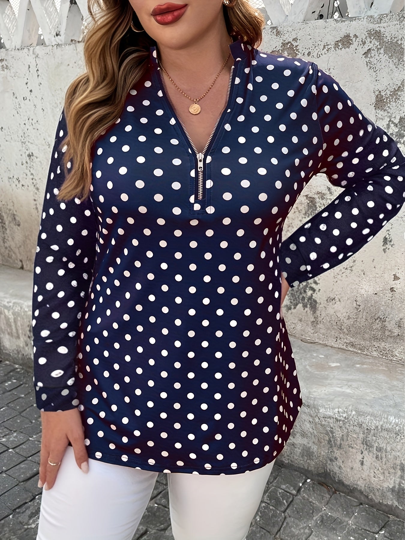 Plus Size Women's Polka Dot V-Neck Long Sleeve Blouse Black White Office Wear