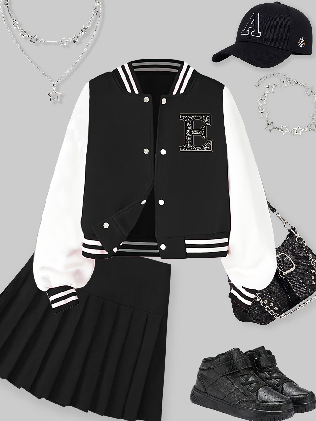 Qizlar uchun moda, qisqa yengli, harf E bosma, tasodifiy jilet, geometrik naqsh, beysbol yelkalari va tikuvli tafsilotlar bilan