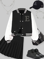 Qizlar uchun moda, qisqa yengli, harf E bosma, tasodifiy jilet, geometrik naqsh, beysbol yelkalari va tikuvli tafsilotlar bilan