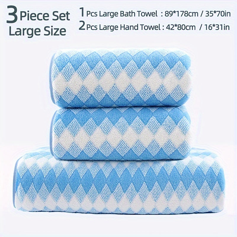 Plaid Pattern Towel Set Coral Velvet 2 Bath Towels 1 Hand Towel Absorbent
