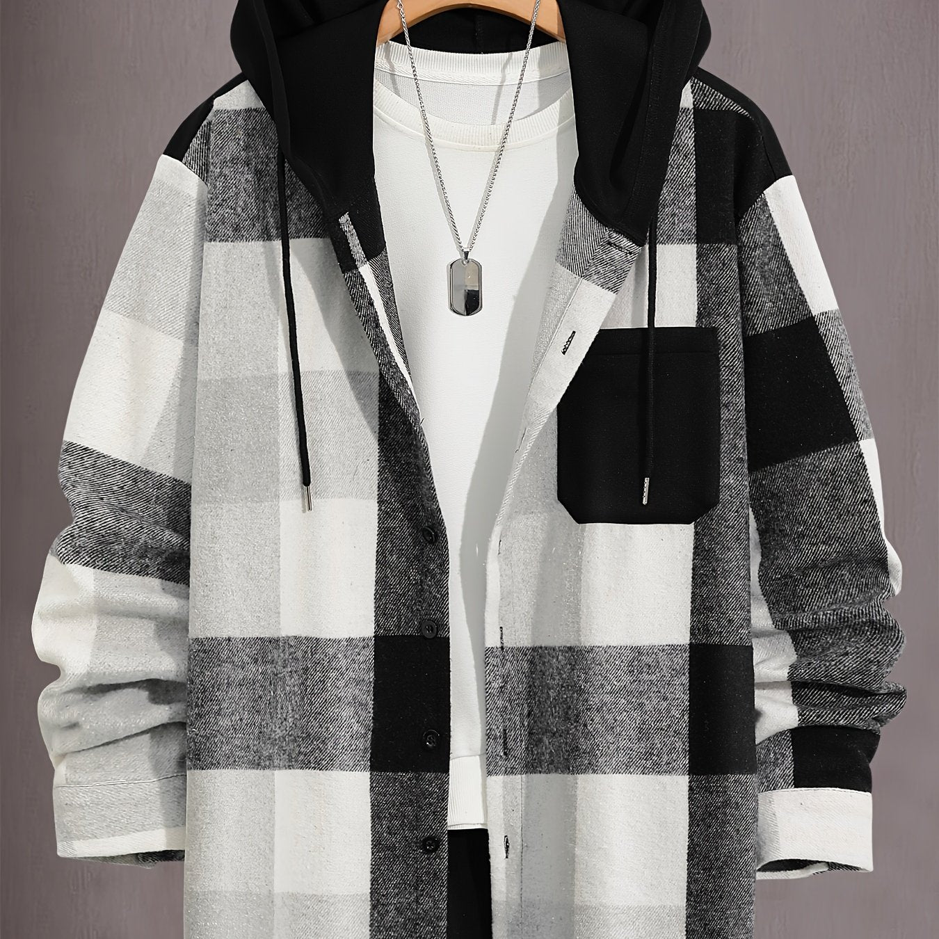 Plus Size Men's Plaid Hooded Shirt Long Sleeve Button-Up Polyester Blend Casual